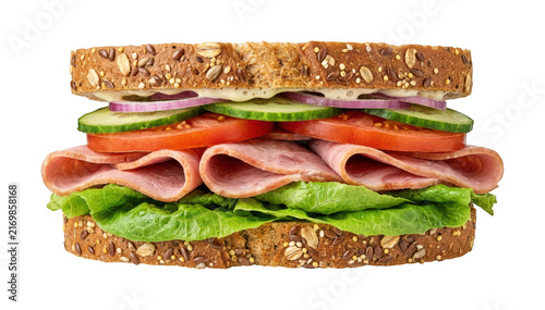 Fresh Ham Sandwich With Lettuce Tomato Cucumber And Onion