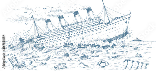 Vintage Titanic Ship Wreck Sketch. Sailing Vessel Sinking at Sea. Monochrome Nautical Ocean Disaster Illustration. Old Style Hand Drawn Liner Engraving. Historical Maritime Voyage Concept Art.