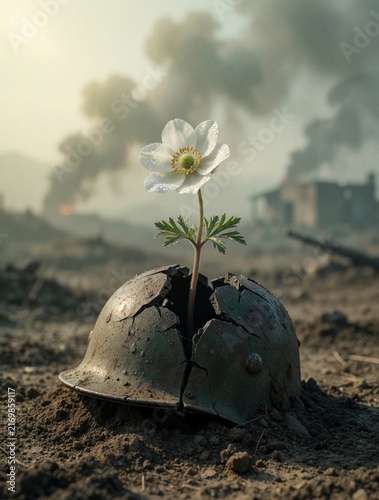 White flower grows through cracked military helmet in war zone. Delicate bloom emerges from broken army gear on battlefield. Smoke rises from destroyed buildings in background. Symbol of peace, hope,