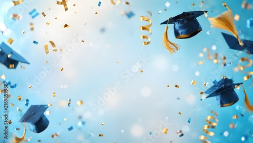 Many black graduation caps flying in the air with colorful confetti on a bright blue background for a school university degree celebration party event template design concept