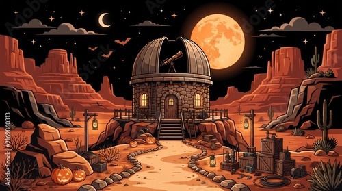 Spooky desert observatory halloween scene
