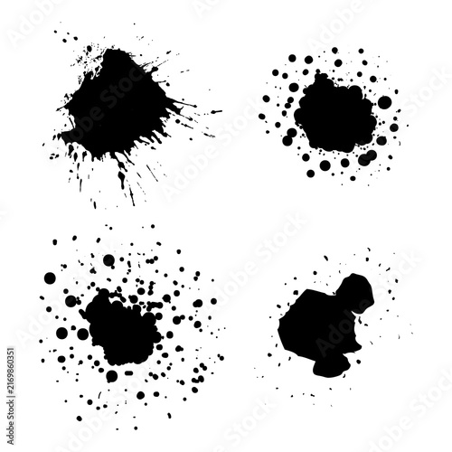 Black ink splatter marks in varied shapes, grunge paint stains and abstract brush effects for creative graphic design