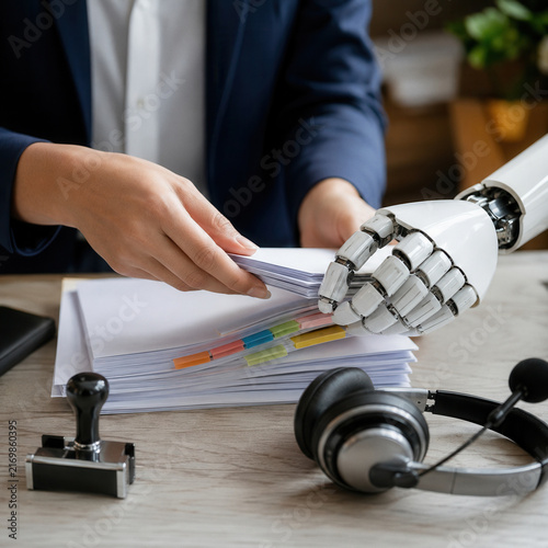 Human and robotic hands sort documents and colorful tabs beside headphones, highlighting workplace automation and collaboration in a modern office.