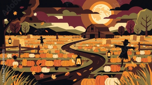 Enchanted halloween pumpkin patch at midnight