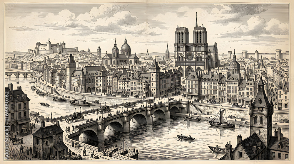 Obraz premium Detailed vintage black and white engraving-style illustration of an old European city with historic buildings, churches, river bridges, boats, and a panoramic urban landscape.