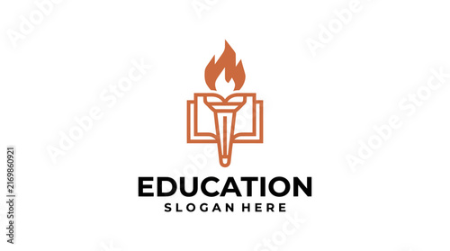 Minimalist education logo design featuring a torch and open book icon.