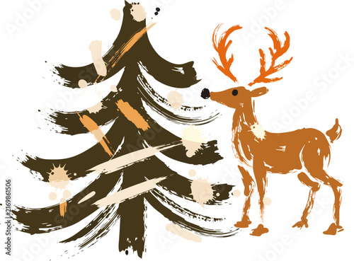 winter holiday vector illustration featuring a detailed reindeer standing beside a textured black Christmas tree