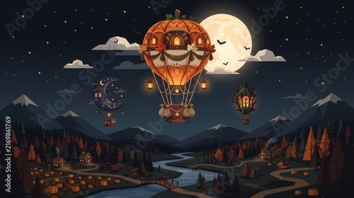Ethereal halloween hot air balloon night landscape