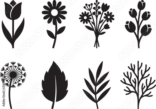 Black silhouette botanical icons: tulip, daisy, bouquet, buds, dandelion, leaf, branch black and white