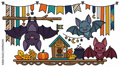 Colorful Halloween Bats and Decorations Scene