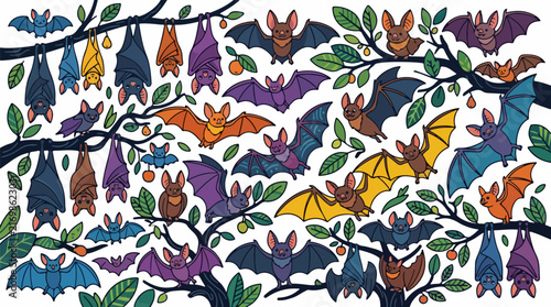 Colorful cartoon bats hanging from branches