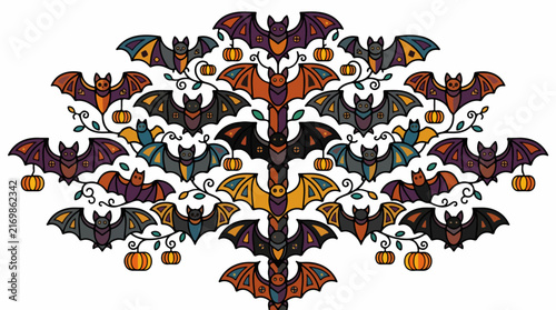Colorful Halloween Bats and Pumpkins Symmetrical Pattern