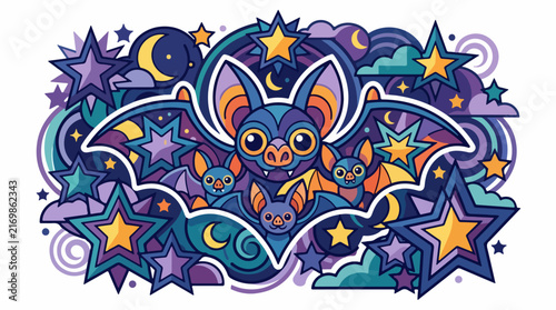 Colorful cartoon bats with stars and moon background