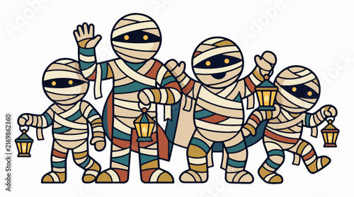 Colorful cartoon mummies holding lanterns together
