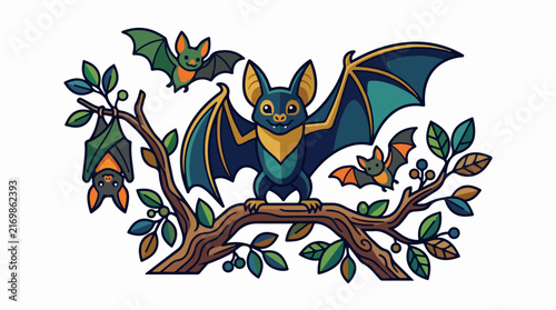 Colorful cartoon bats on tree branches
