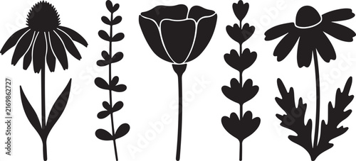Black silhouettes of five different garden flowers and plants on a white background