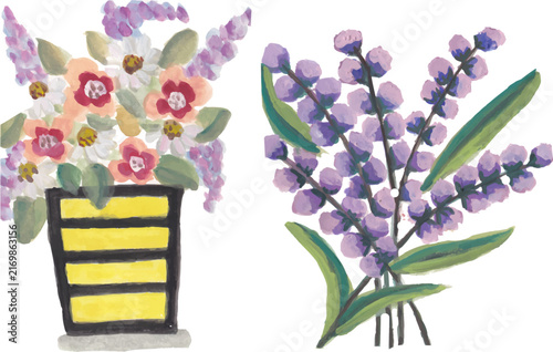 lavender and colorful flowers in vase hand drawn watercolor 