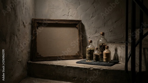 Rustic Frame and Glass Bottles Arranged on Concrete Steps