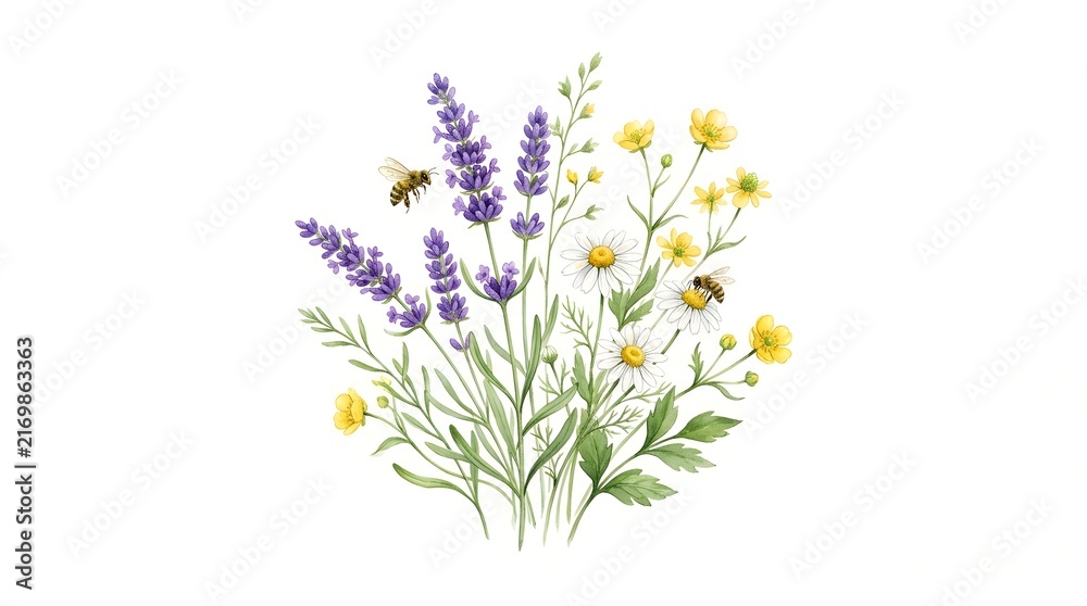 Fototapeta premium Purple and Yellow Wildflower Bouquet Watercolor Art
