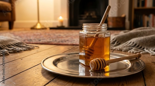 Warm Honey Jar with Dippers on Rustic Plate in Cozy Living Room