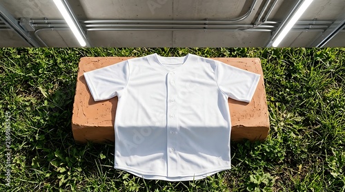 White Baseball Jersey Styled Top Resting on Brick in Grass