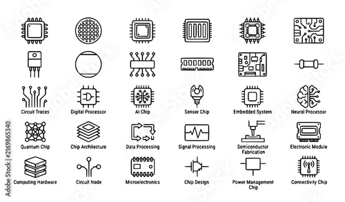 Microchip Semiconductor Thin Line Icon Set for CPU Processor Circuits Electronic Chips and Technology