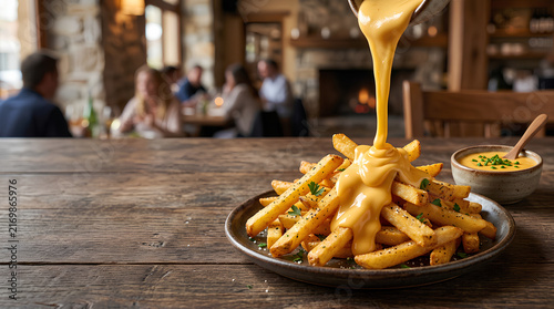 Delicious golden French fries on a dark plate with liquid melted cheese sauce pouring over them in a cozy restaurant setting with a fireplace
