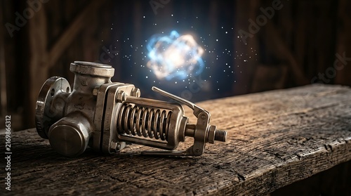 Rusty Mechanical Valve with Blue Energy Spark on Wooden Bench