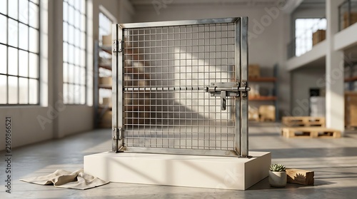 Industrial Metal Mesh Gate in Bright Studio Warehouse