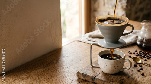 Fresh Pour Over Coffee Brewing in a Ceramic Dripper on a Rustic Wooden Table by a Window