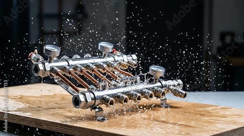 Shiny Industrial Manifold with Water Splash on Wooden Table
