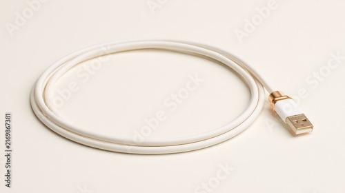 USB charger cord lies flat on cream surface, empty space.