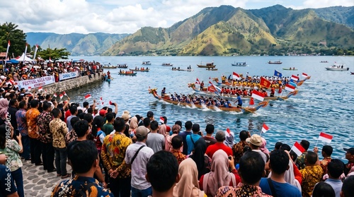 Traditional Dragon Boat Race on Lake Toba with Spectators and Indonesian Flags