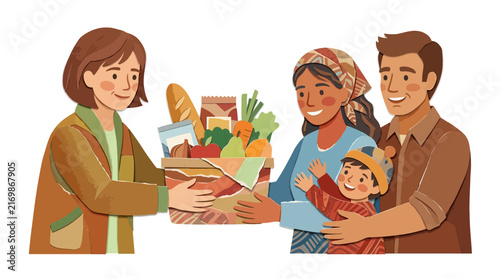 Woman giving grocery donation basket to happy diverse family illustration