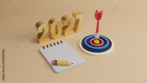 2027 New year goals and plans. Business target and growth strategy. Business annual plan and development for achieving goals and success. business target and stock market growth. 3d rendering