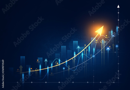 Stock market chart with upward financial trend and investment growth indicators. Business analytics dashboard showing trading performance, economic development, portfolio management and market success