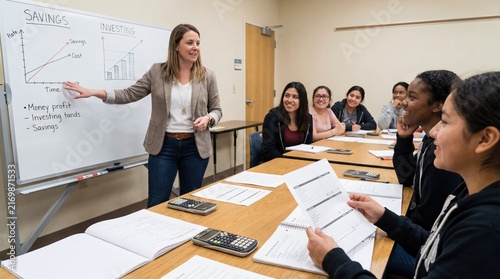 Woman teaching financial literacy workshop to young adults in classroom setting