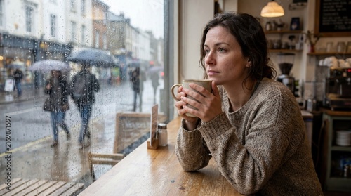 Woman sitting alone in cafe holding cup while looking out at rainy street