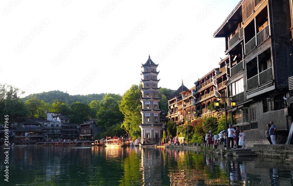 Fototapeta premium Fenghuang Ancient Town Riverside Pagoda and Traditional Wooden Houses, Hunan, China