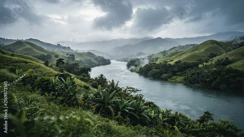 Dramatic mountain landscape with a winding river cutting through lush green