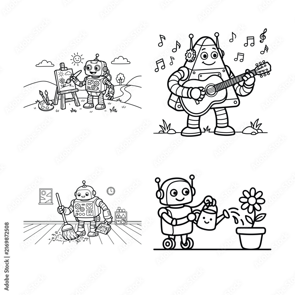 Fototapeta premium A Collection of Cute Robot Characters Engaged in Various Fun Daily Activities and Hobbies.