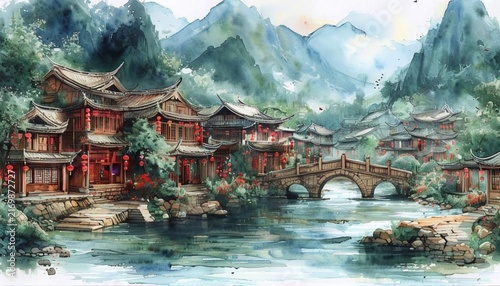 Traditional Chinese Water Town Watercolor Landscape Painting