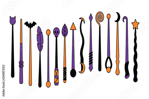 Halloween magic wands vector set featuring cute spooky icons and items