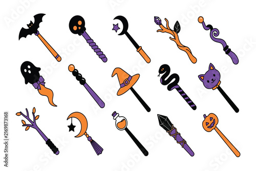 Halloween magic wands vector set featuring cute spooky icons and items