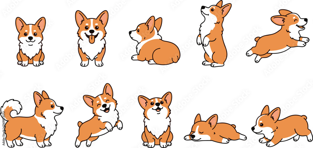 Fototapeta premium Cute Cartoon Pembroke Welsh Corgi Dog Character Vector Illustration Set with Funny Puppy Poses for Kids Apparel Stickers and Animal Lover Graphic Designs