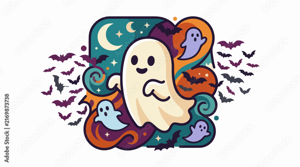 Naklejka premium Cute Ghost with Bats and Moon Halloween Scene