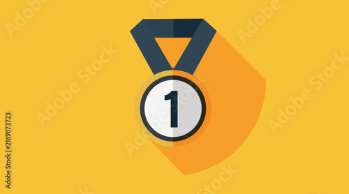 First place medal icon with a number '1' on a dark blue ribbon, symbolizing victory and achievement on a yellow background.