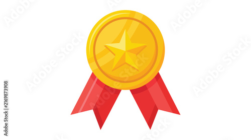 Shiny golden award medal with star symbol and red ribbons isolated on white background for success concept.