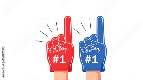 Two hands wearing foam fingers, one red and one blue, both showing the number one, symbolizing victory and success in a competition.