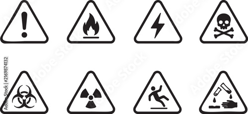 danger warning triangle icon set collection design, hazard caution symbols minimal black outline icon set, safety warning icons collection for hazard signage
